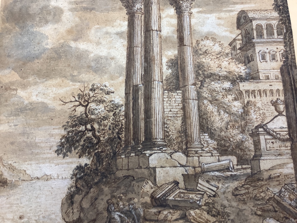 After Claude Lorrain, watercolour, Figures beside classical ruins, old collection labels verso, 32 x 24cm. Unframed